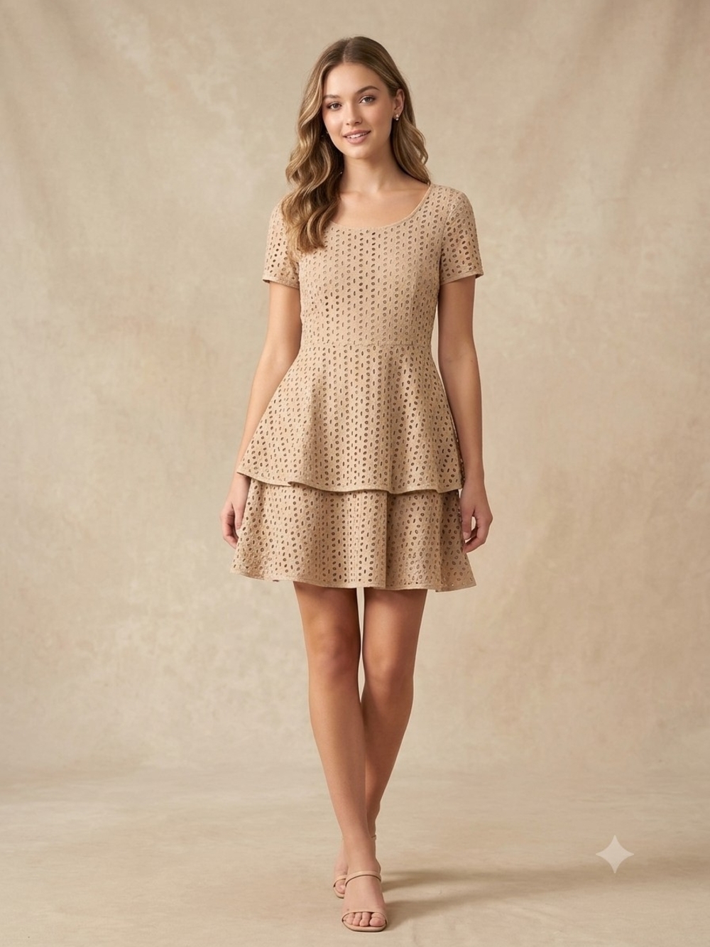 Jovonnista Tan Cotton Eyelet Tiered Ruffle Skater Mini Dress Size UK 10 / US 6